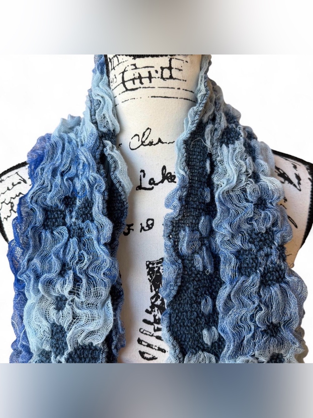 Blue Textured Knit Ruffle Scarf